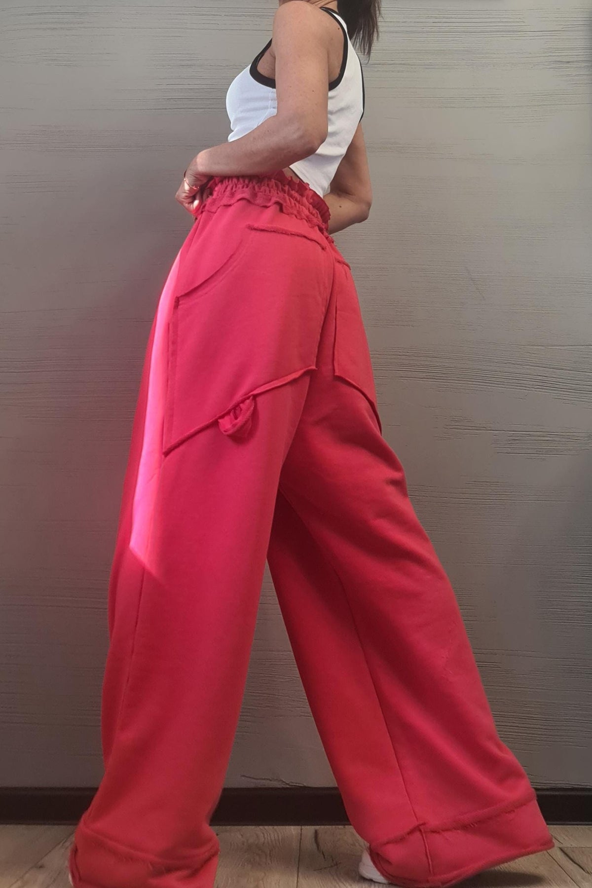 Red Cotton Wide Leg Pants, Cropped Hooded Sweatshirt, Two Piece Co-Ord Tracksuit Set