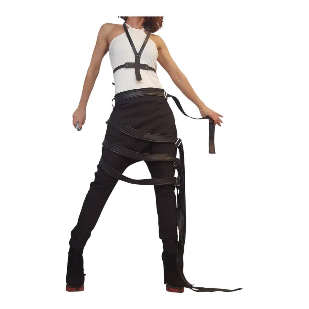 Black Drop Crotch Pants, Leather Belt Straps, Buckle Details, Slim Leg