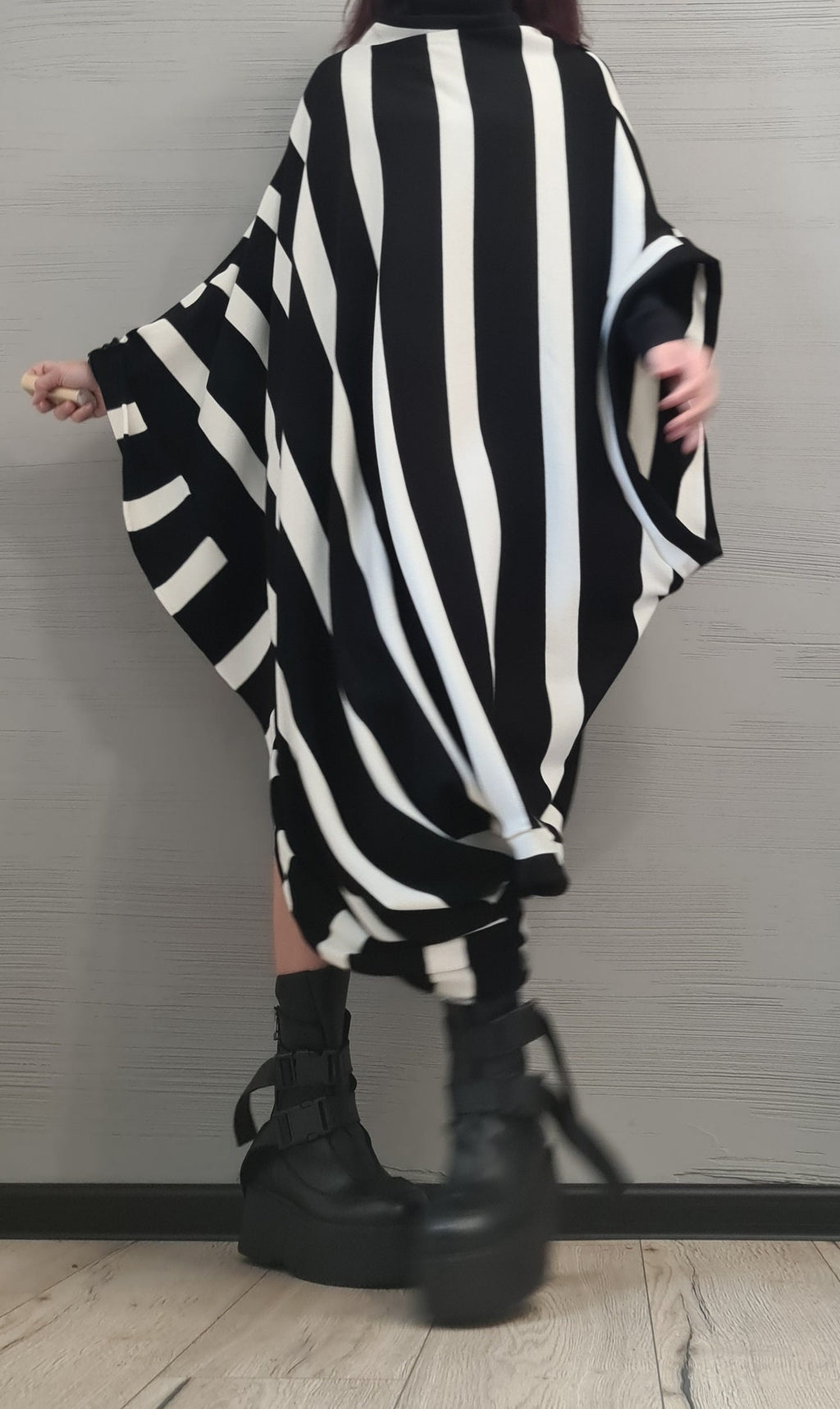 Black White Striped Cotton Knit Tunic Dress, Gothic Plus Size Set