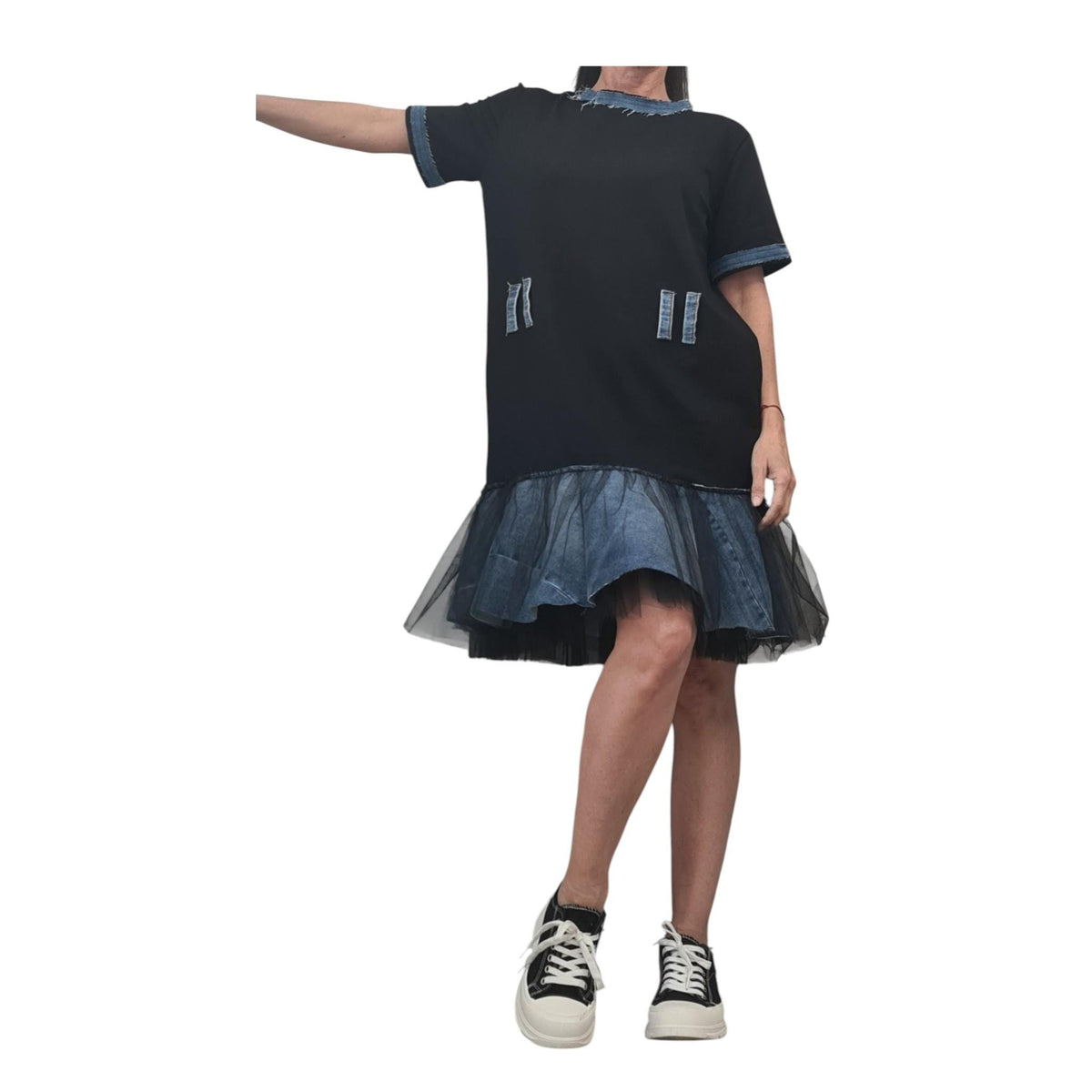 Black Cotton Tunic, Asymmetric Denim Tulle Dress, Plus Size Dress