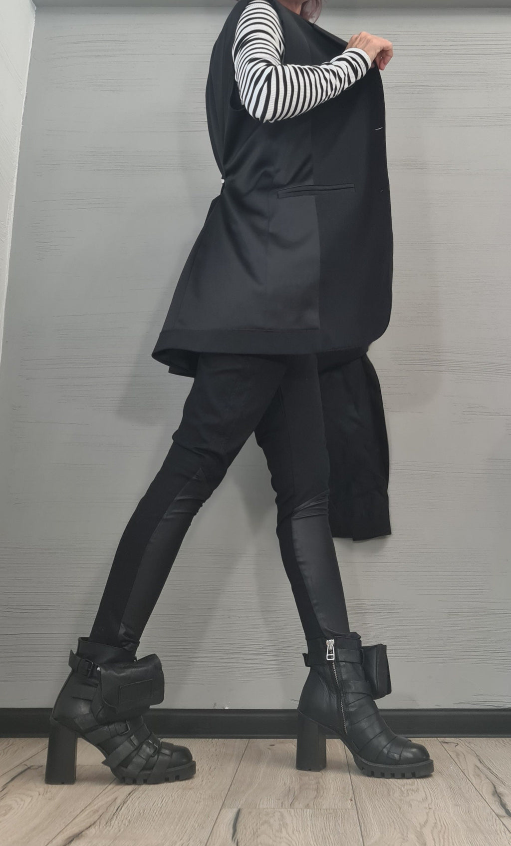 Black Asymmetrical Oversized Vest, Sleeveless Draped Jacket, Extended Side Panel, Waist Tie