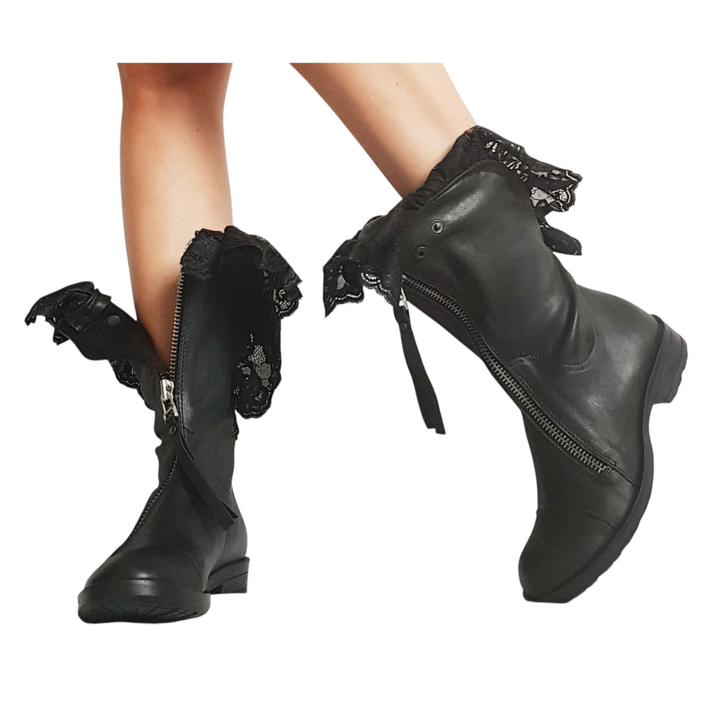 Black Leather Closed Toe Platform Boots for Women | Handmade Summer Gladiator Shoes