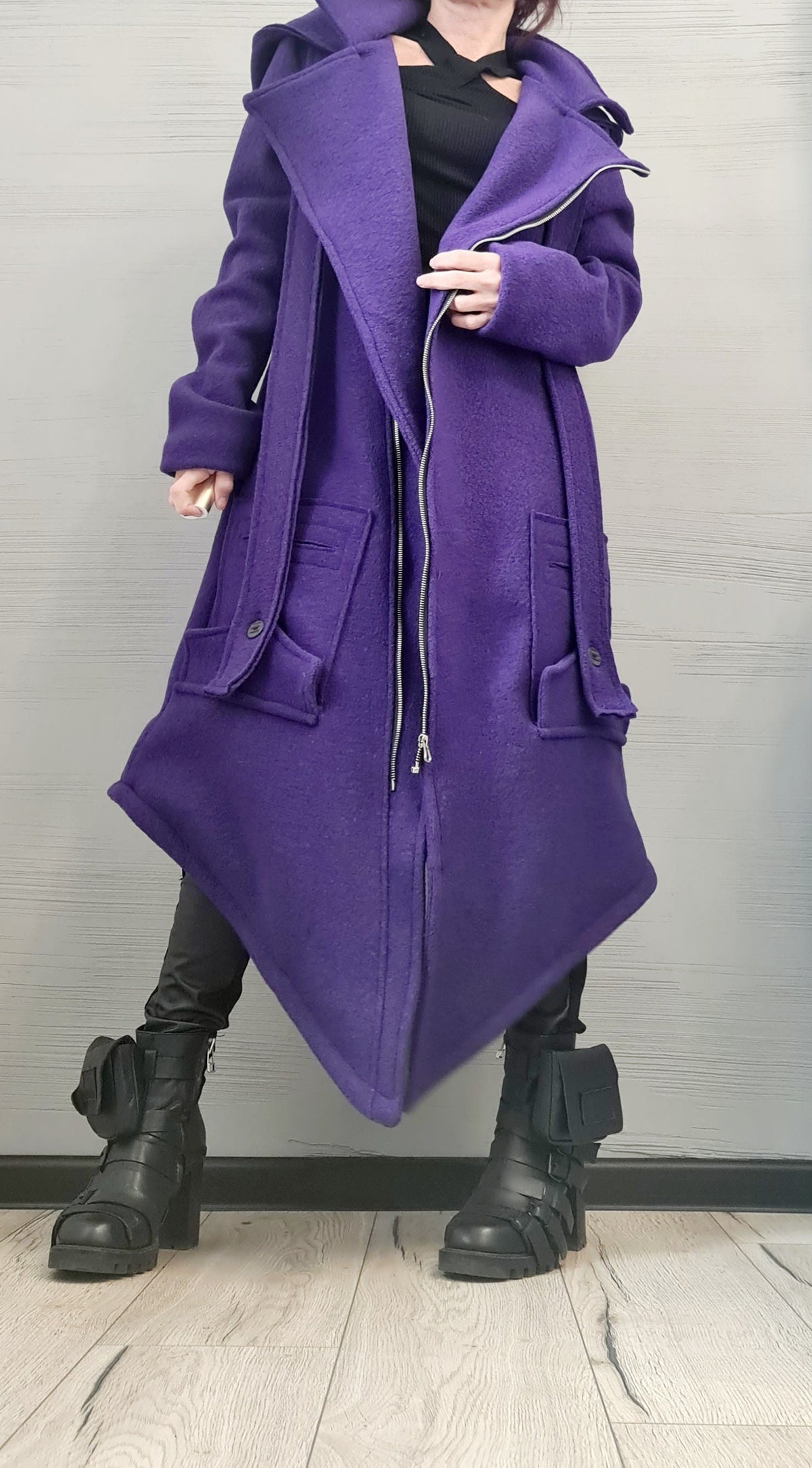 Purple Asymmetric Wool Coat, Long Hooded Jacket with Oversized Patch Pockets, Plus Size