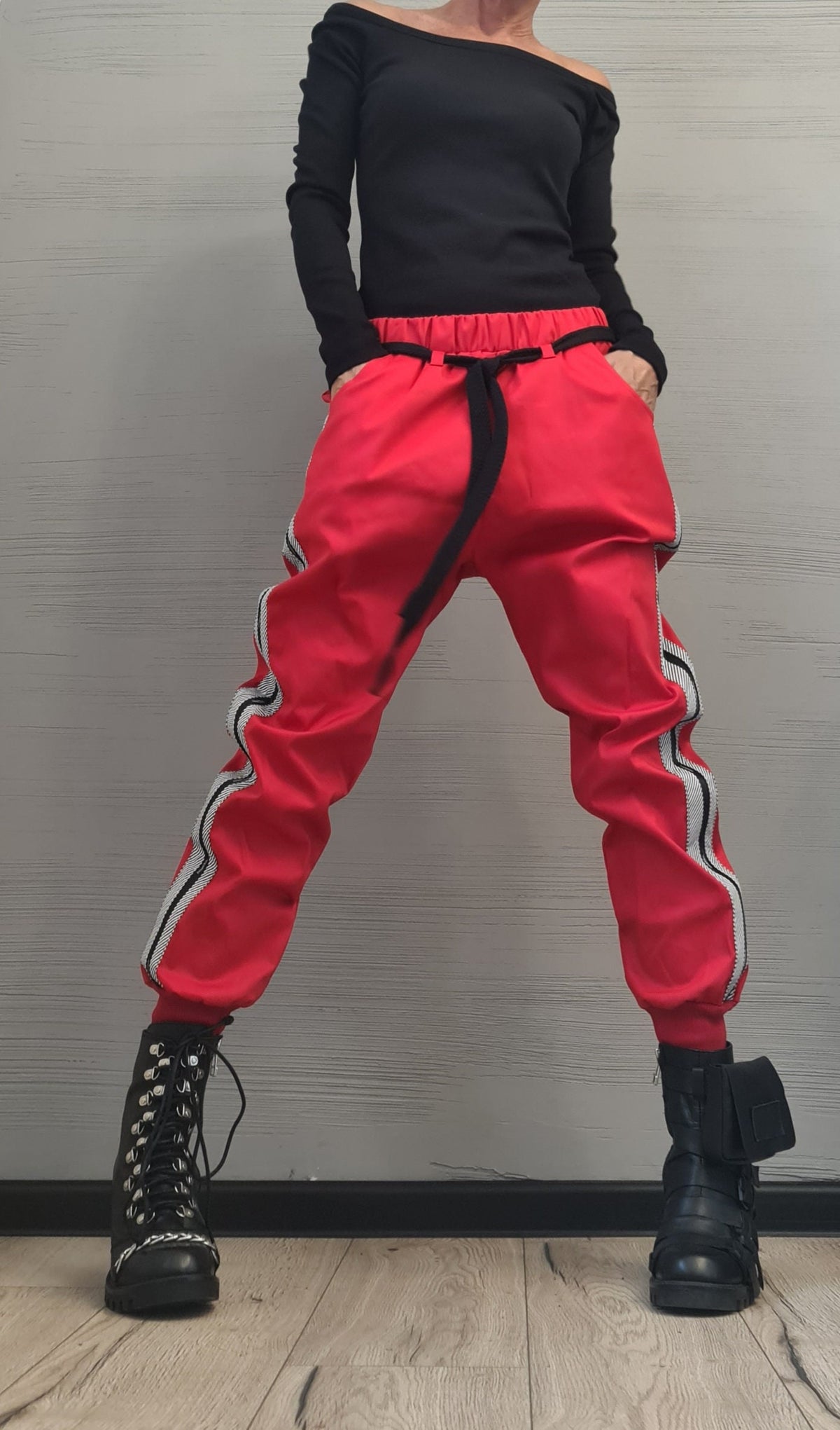Red Cotton Drop Crotch Pants, Slim Leg Trousers, Contrast Side Stripe
