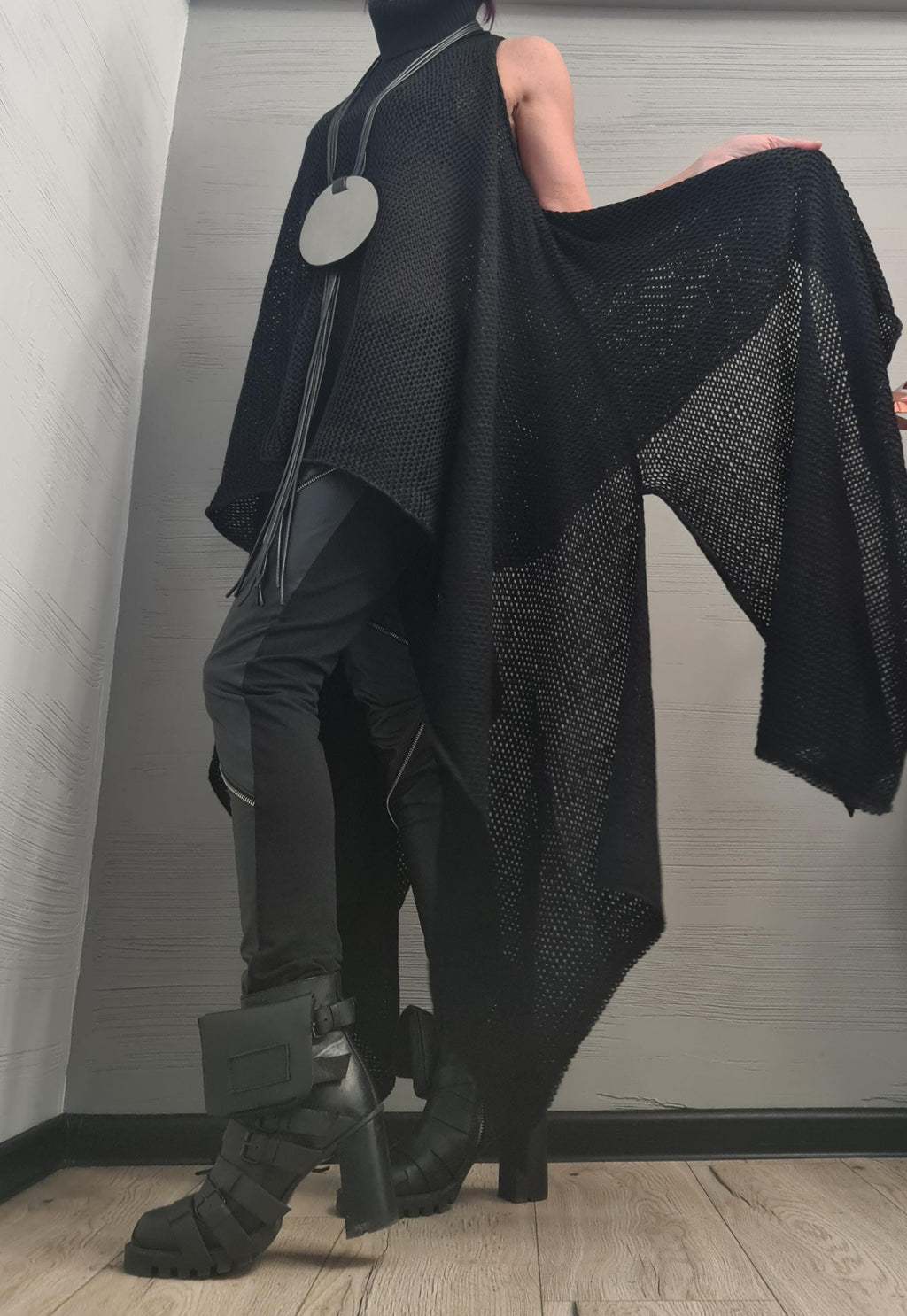 Black Asymmetrical Knit Tunic, High Neck Open Shoulder Sweater, Plus Size Top