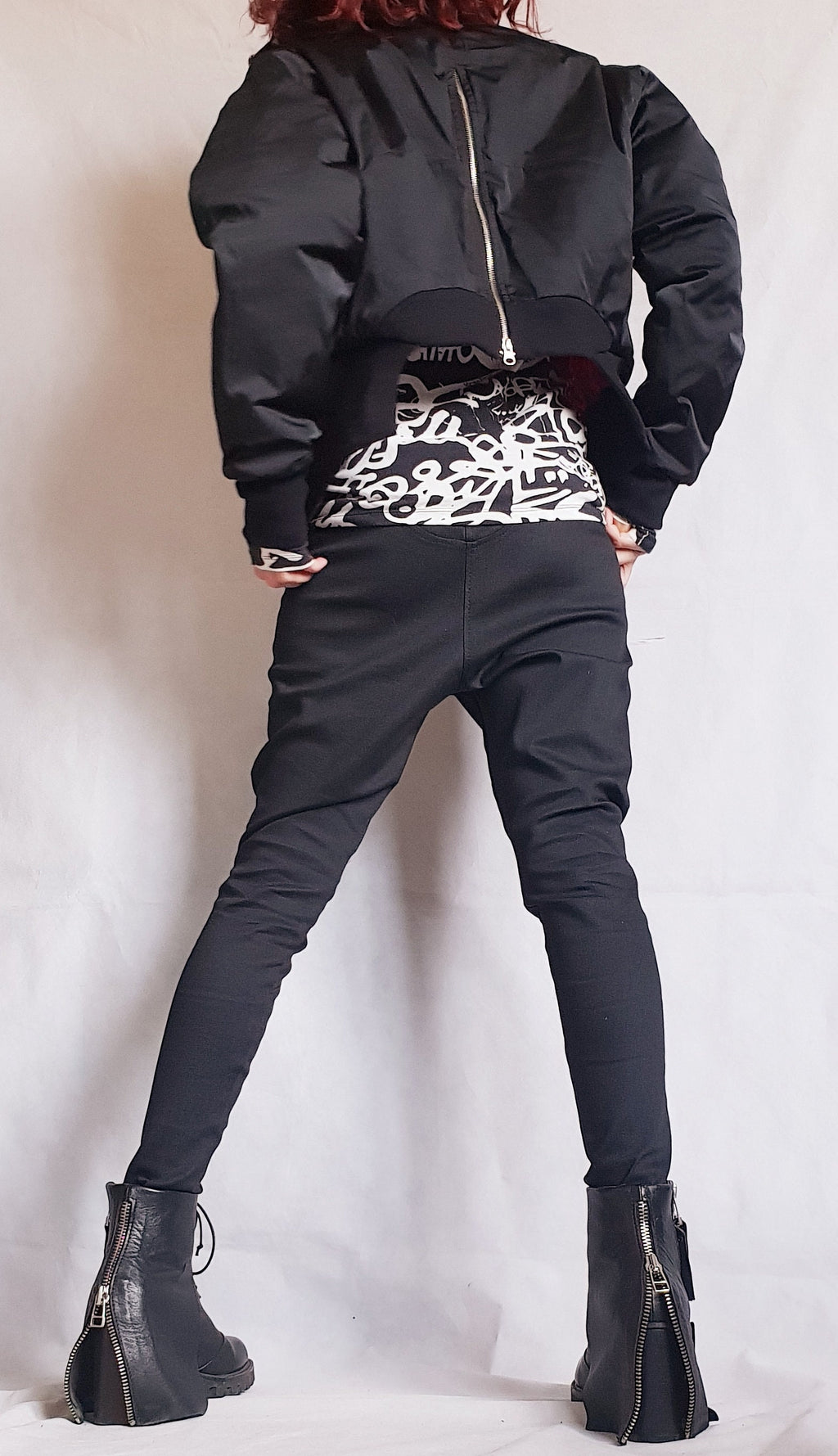 Black and Pink Cropped Winter Bomber Jacket, Oversized Fold Over Collar, Back Zip Detail