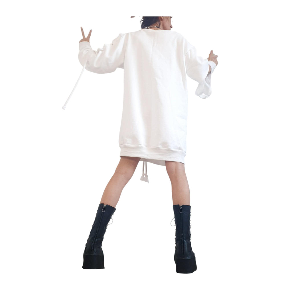 Extravagant White Dress, Loose Tunic Dress, Plus Size Clothing, Bubble Blouson Dress, Asymmetric Cotton Dress, Long Sleeve Dress