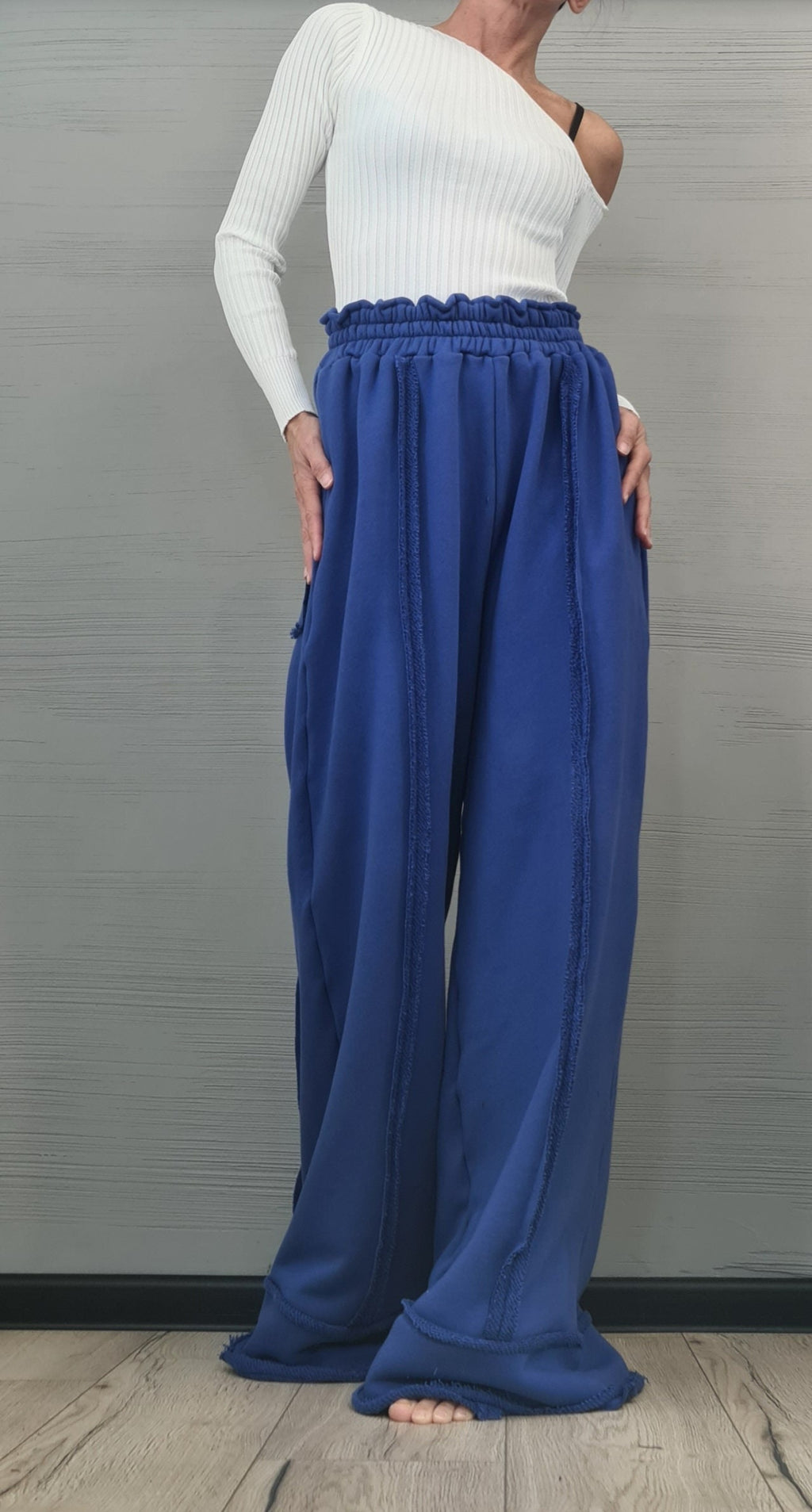 Royal Blue Cotton Pants, French Terry Wide Leg, Drop Crotch Trousers, Plus Size