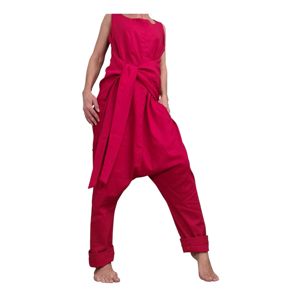 Red Linen Jumpsuit, Sleeveless Wide Leg Overalls, Backless Drop Crotch Outfit