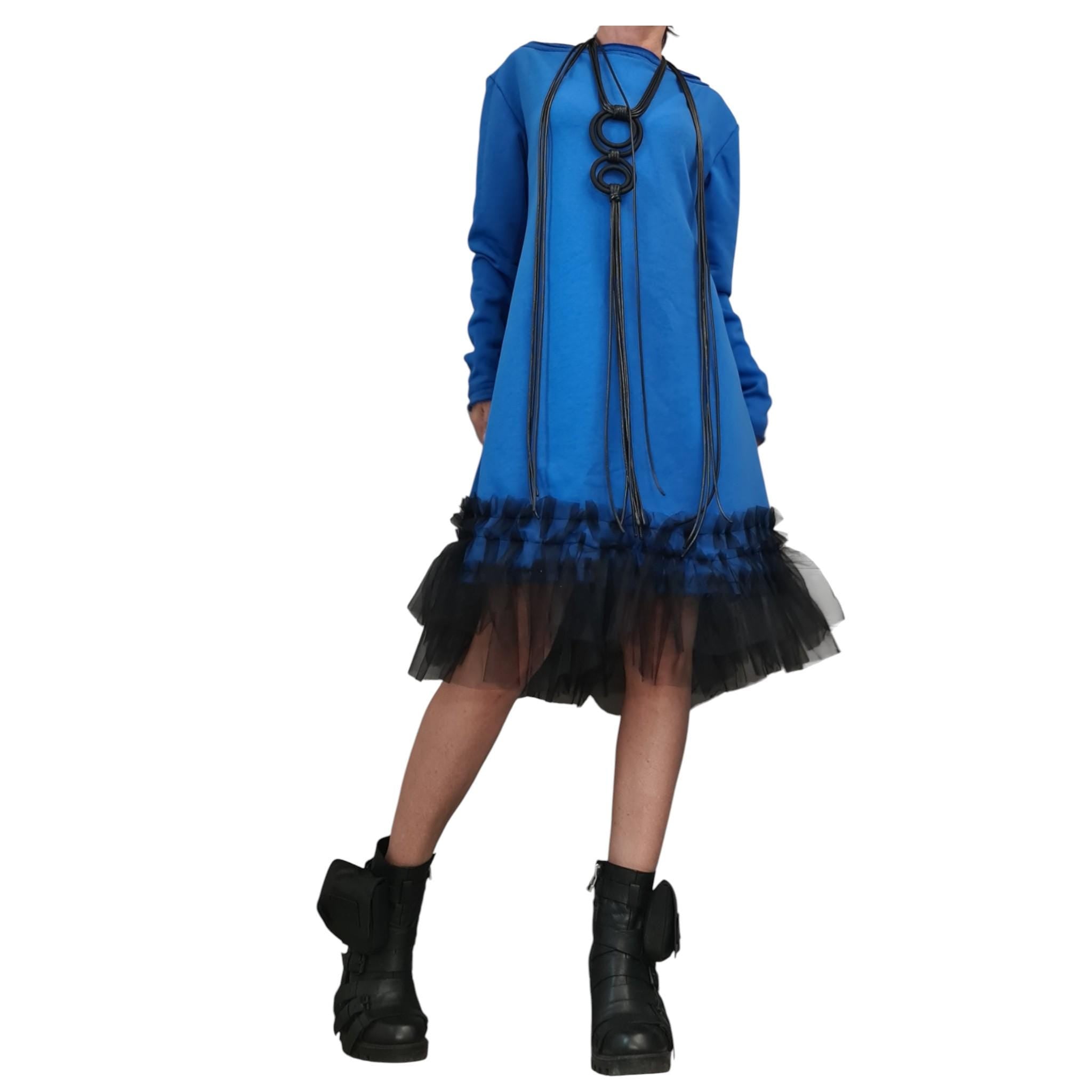 Royal Blue Dress with Black Tulle, Off Shoulder Oversized, Avant Garde Dress for Women