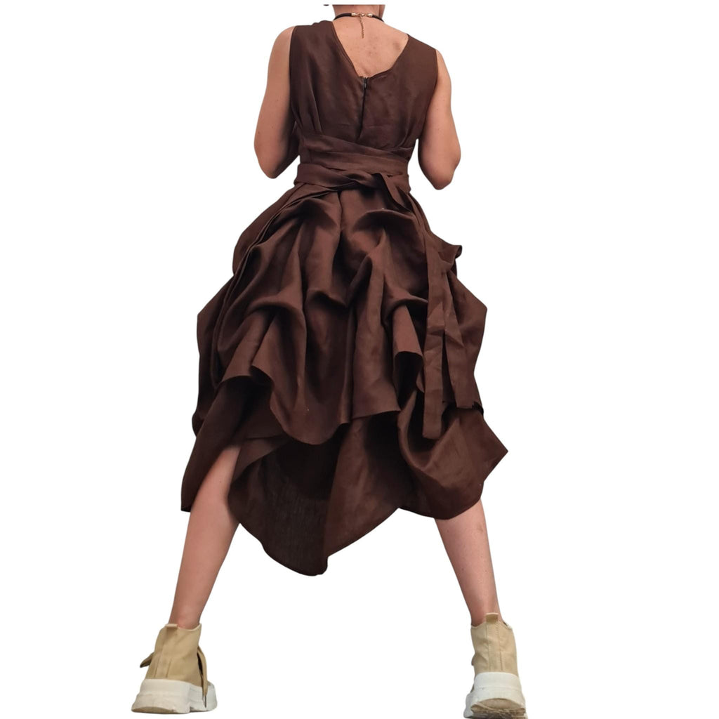 Olive Green Linen Asymmetric Midi Dress, Boho Wedding Guest Outfit