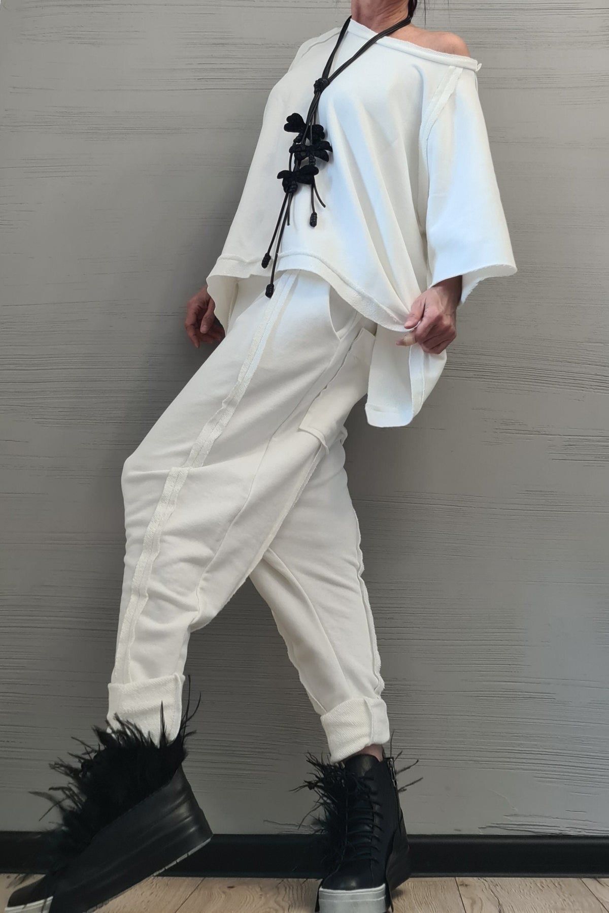 White Cotton Drop Crotch Harem Pants, Asymmetrical Open Back Blouse, Two Piece Co-Ord Set