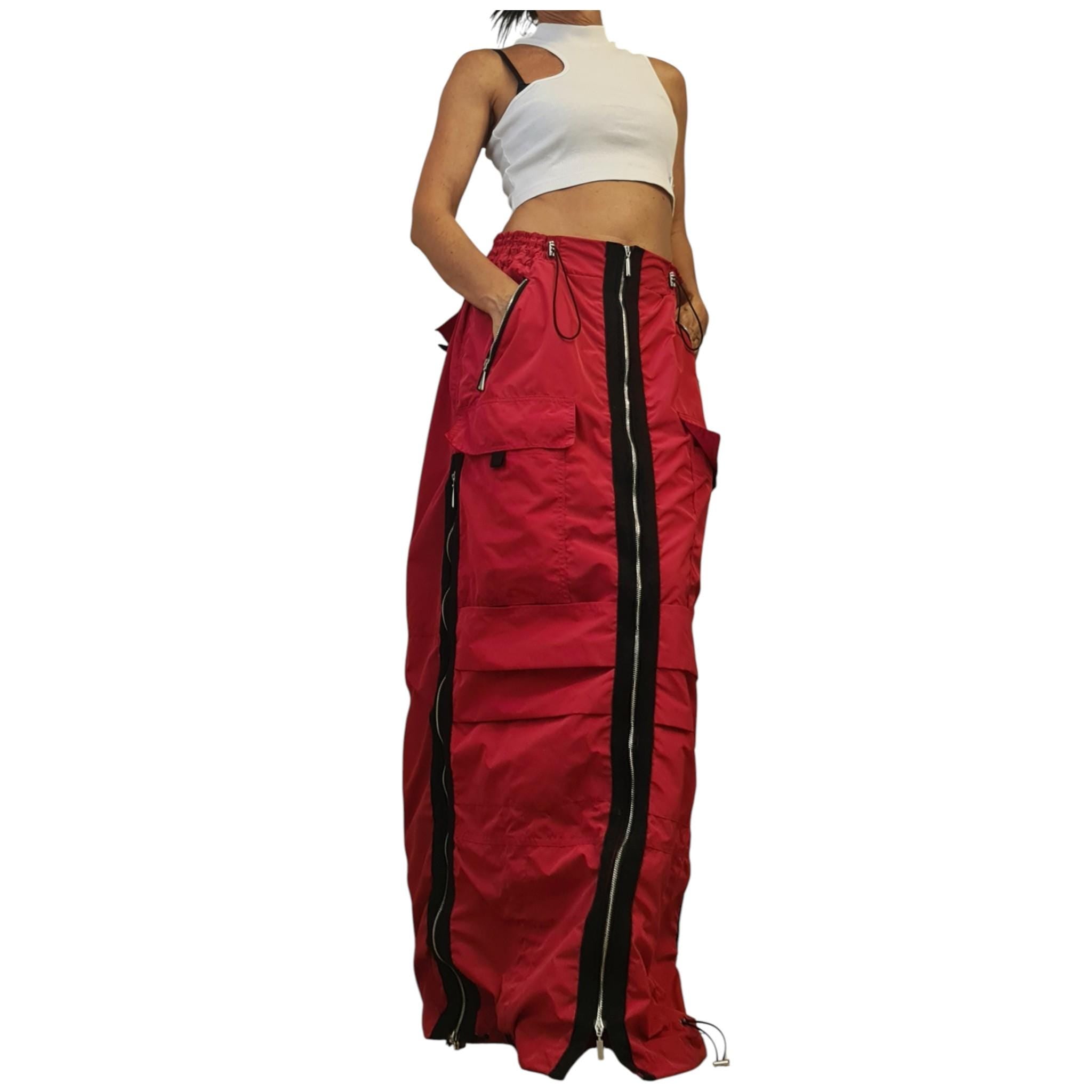Red Maxi Cargo Skirt with Zippers, Oversized Avant Garde Clothing, Techwear Festival Outfit
