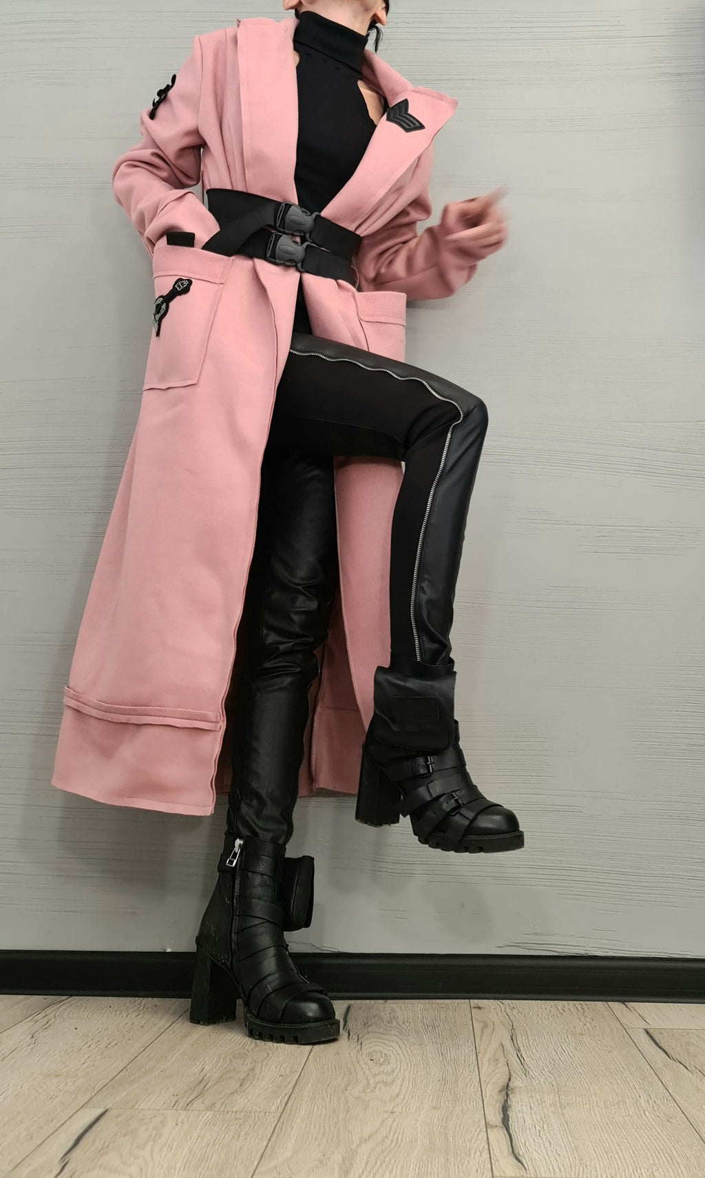 Dusty Rose Wrap Coat, Asymmetric Long Robe Jacket, Plus Size Double Belt Outerwear
