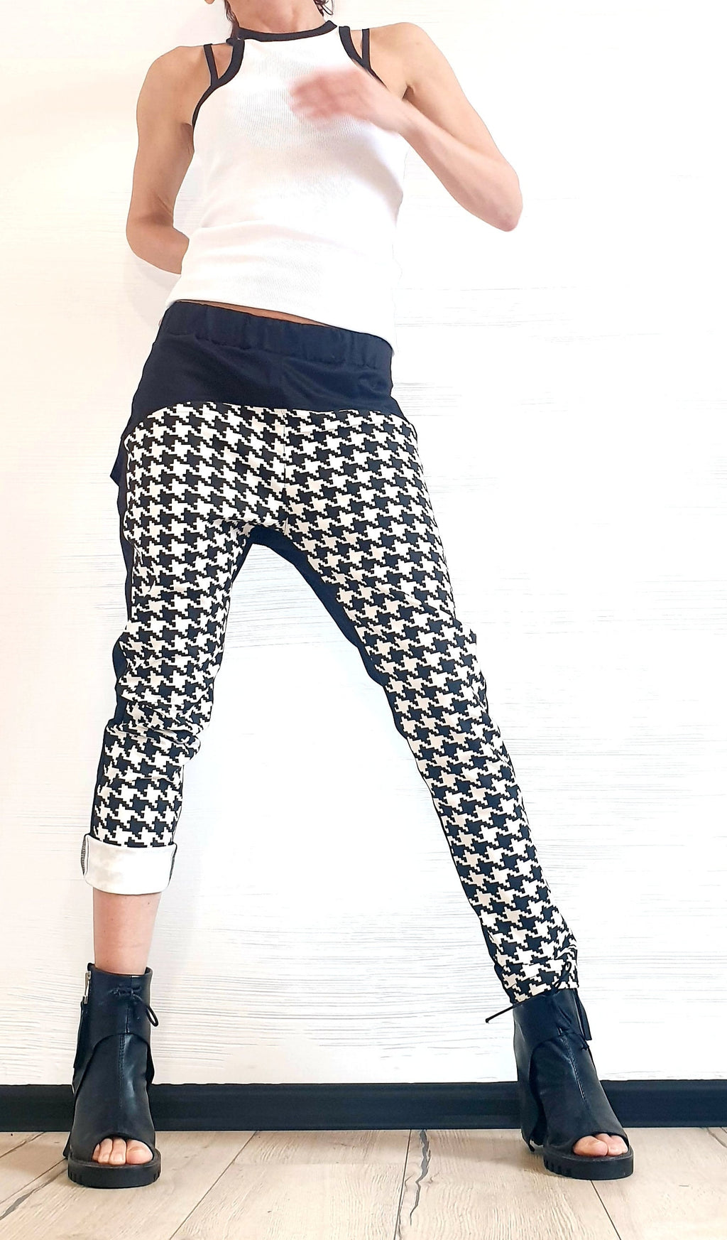 Houndstooth Panel Pants, Color Block, Slim Tapered Leg, Cotton Trousers