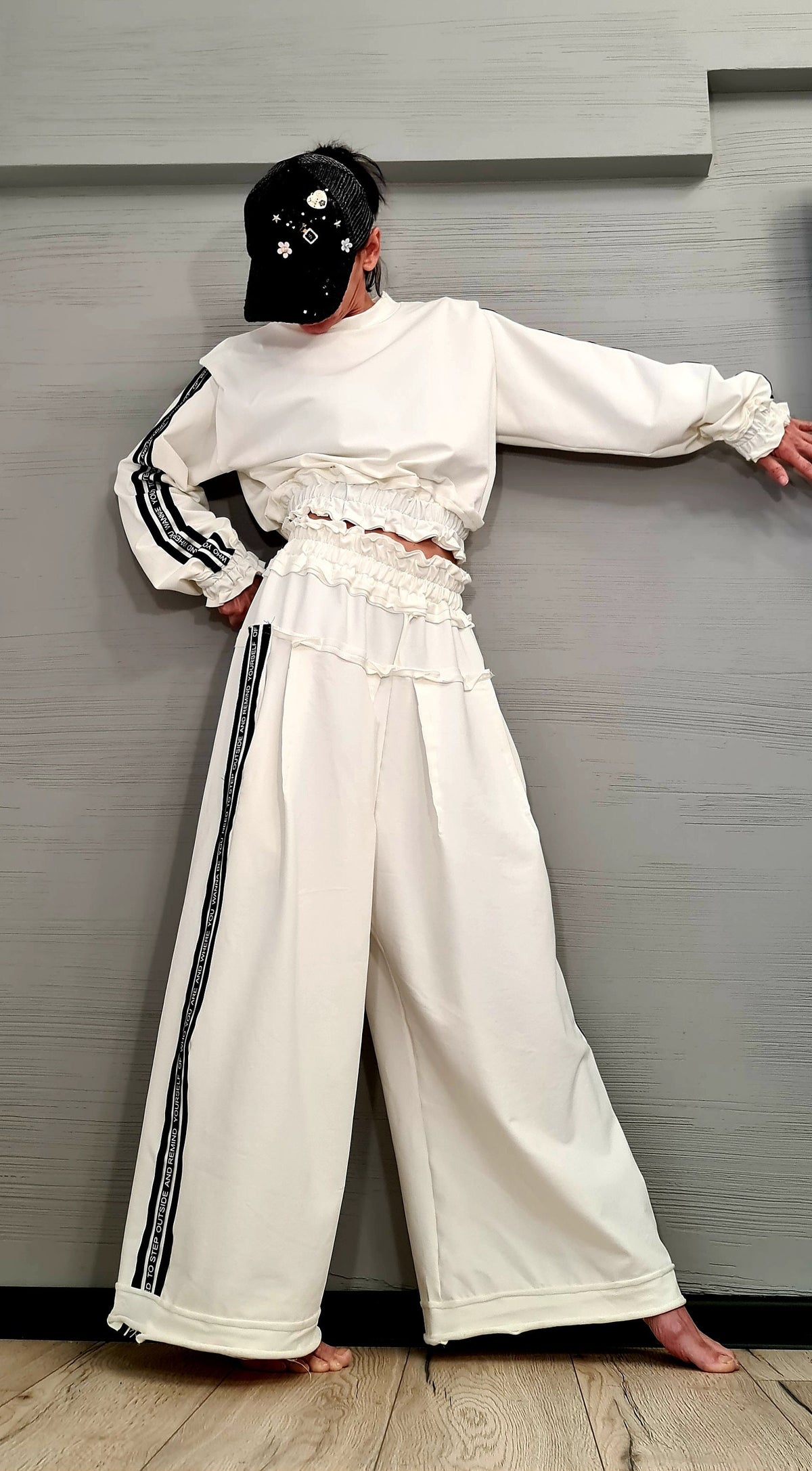 Ivory Cotton Wide-Leg Pants, Oversized Cropped Ruched Blouse, Contrast Side Stripes, Two-Piece Co-Ord Set