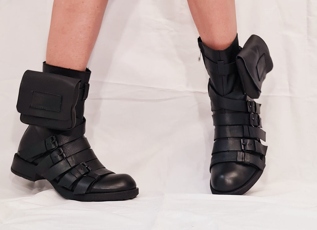 Black Leather Ankle Boots, Movable Pocket, Gothic Steampunk Grunge Shoes
