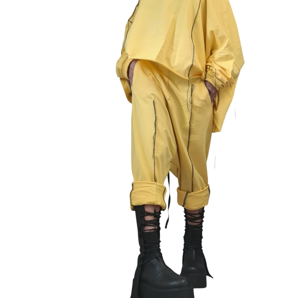 Yellow Cotton Two-Piece Set, Asymmetric Blouse, Harem pants, Contrasting seams