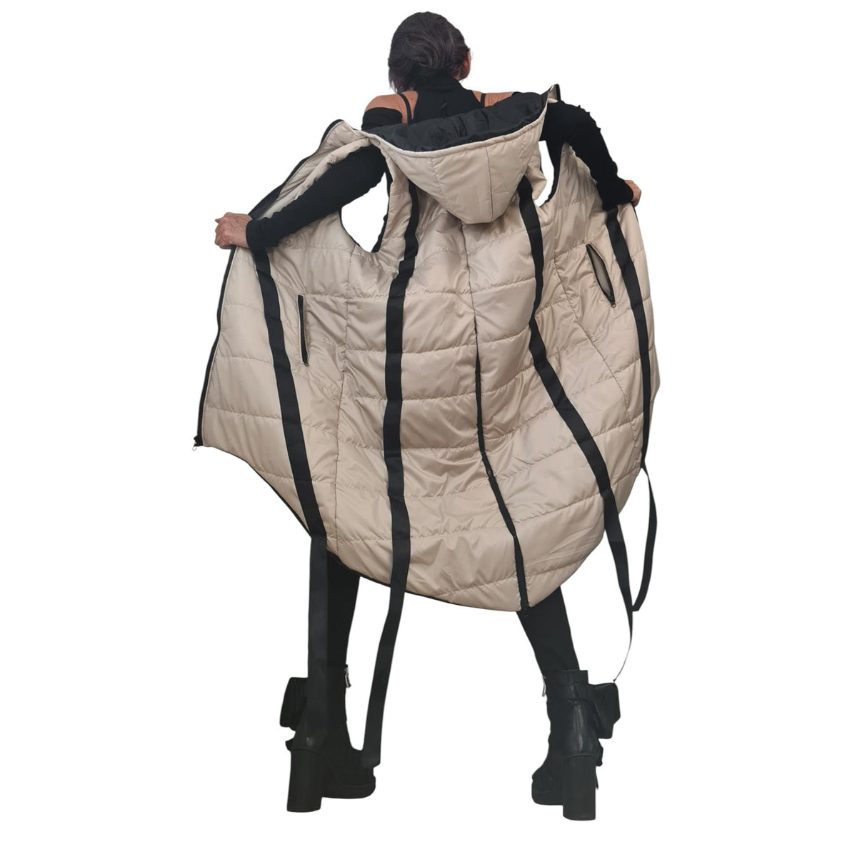 Beige Oversized Hooded Puffer Vest, Asymmetrical Quilted Sleeveless Winter Coat, Black Trim