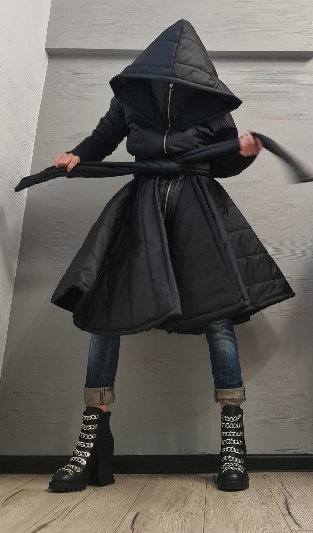 Black Hooded Puffer Coat, Fit and Flare Silhouette, Full Circle Hem, Belted, Plus Size