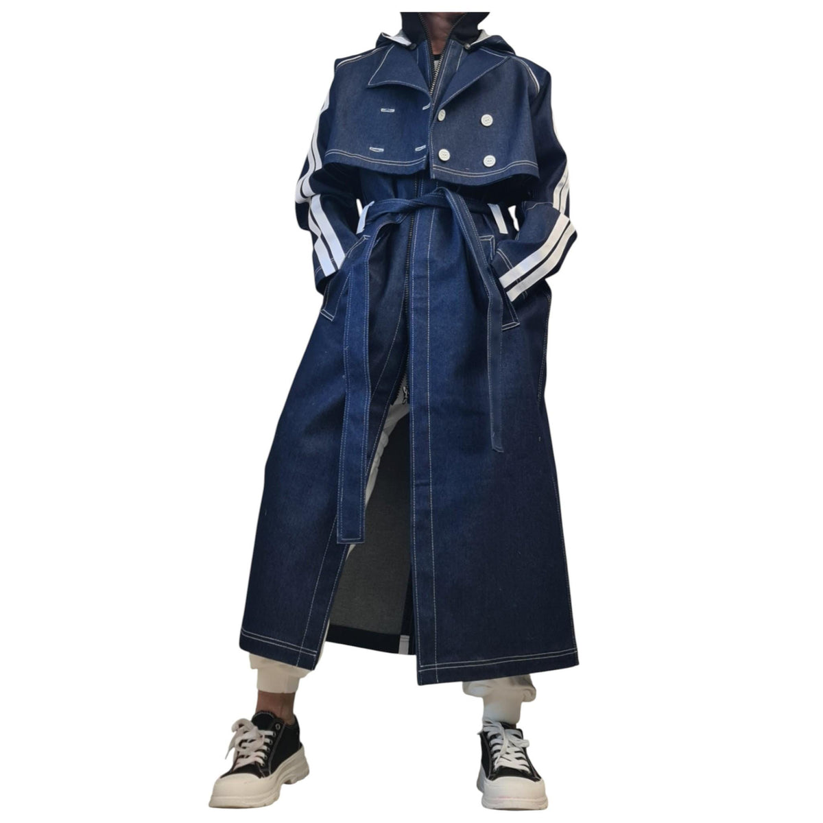 Denim Two Piece Trench Coat, Cropped Jacket and Long Hooded Vest, Oversized Asymmetrical Set