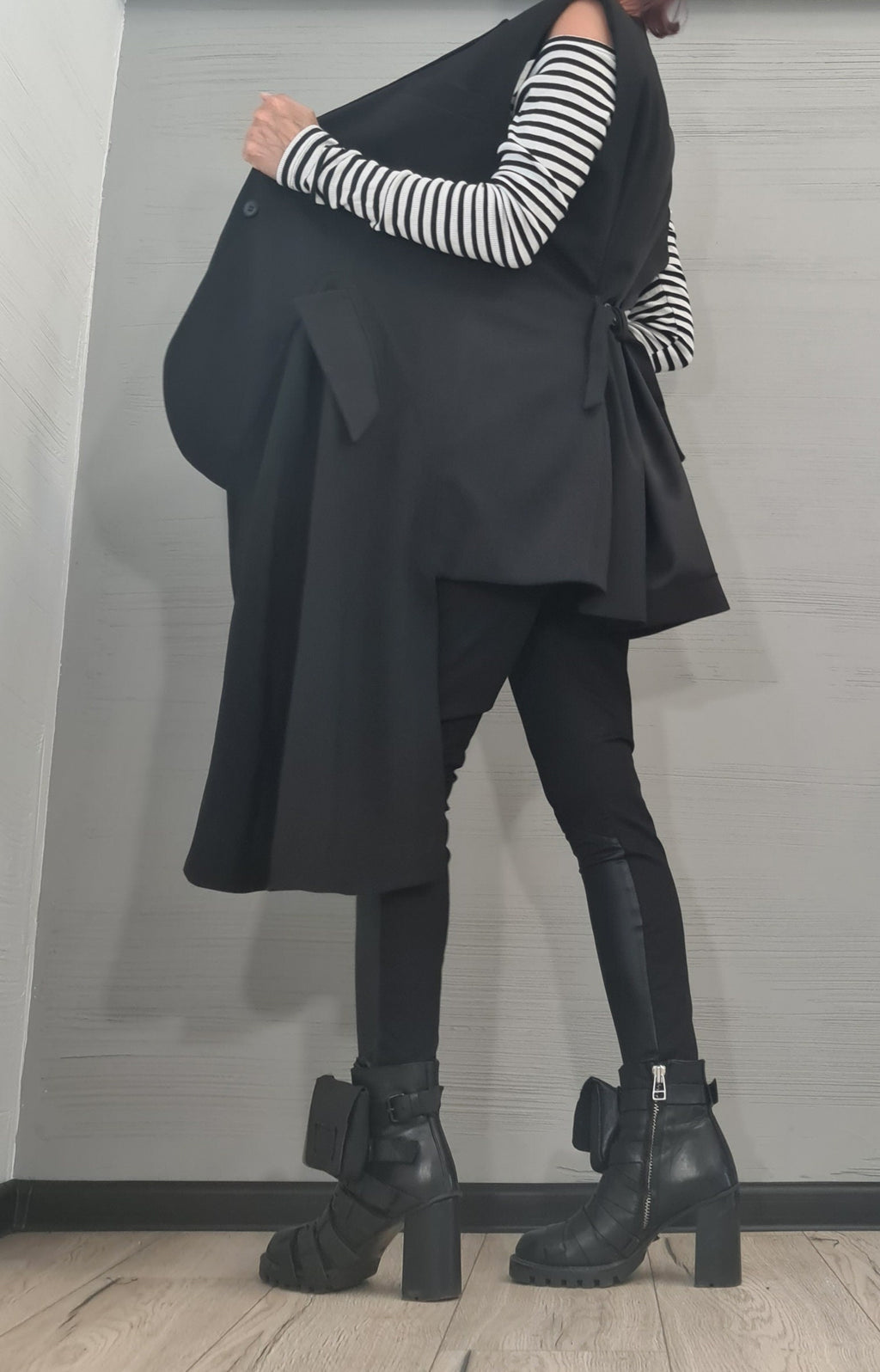Black Asymmetrical Oversized Vest, Sleeveless Draped Jacket, Extended Side Panel, Waist Tie
