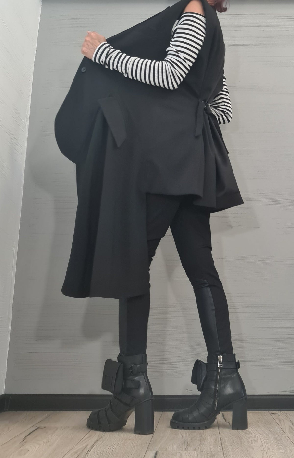 Black Asymmetrical Oversized Vest, Sleeveless Draped Jacket, Extended Side Panel, Waist Tie