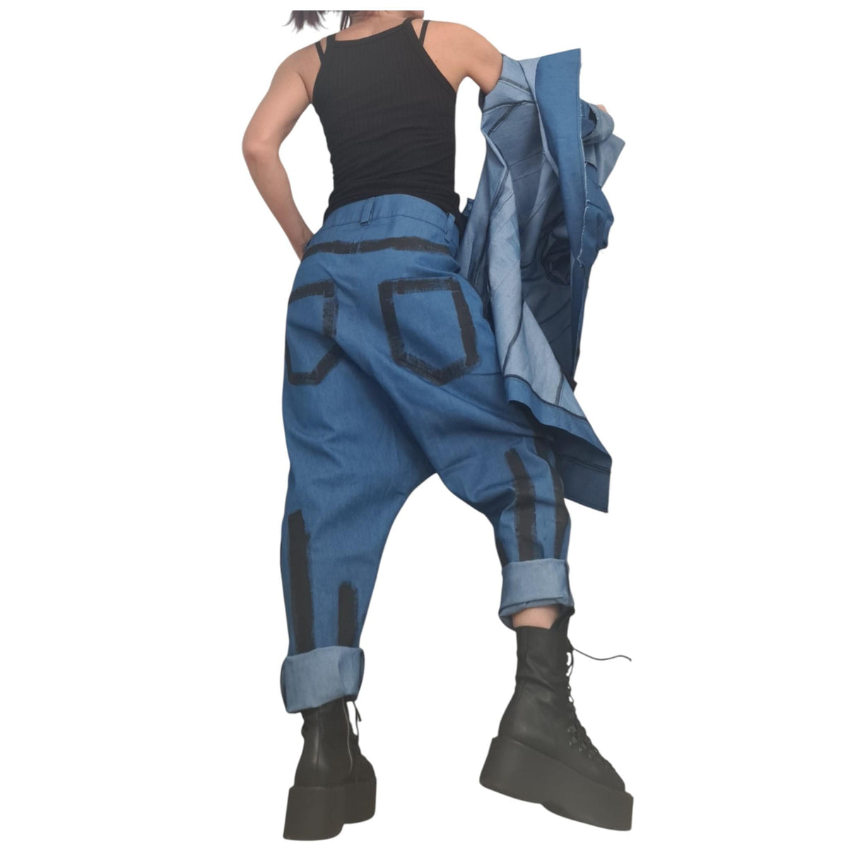 Denim Harem Pants, Extravagant Deep Drop Crotch Pants for Women