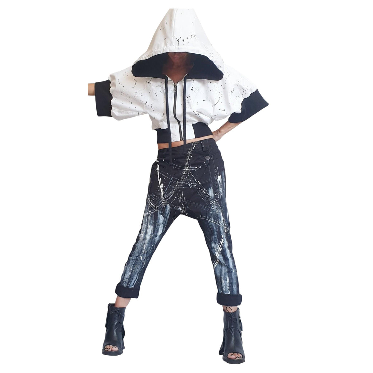 White Black Bomber Jacket Oversized Hooded Denim Coat | Urban Plus Size Streetwear for Women