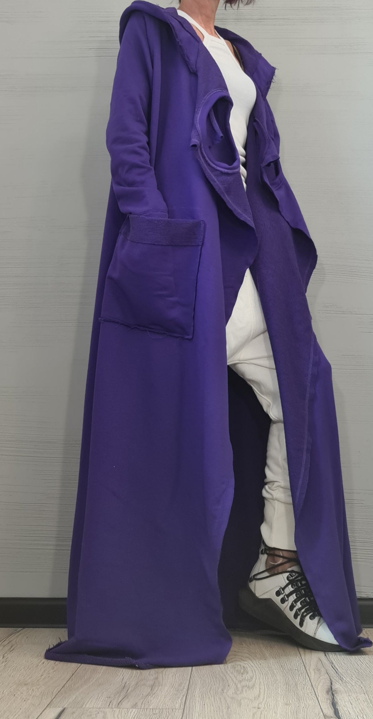 Purple Long Hooded Cardigan, Asymmetric Oversized Cotton Coat, Plus Size, Large Round Pockets