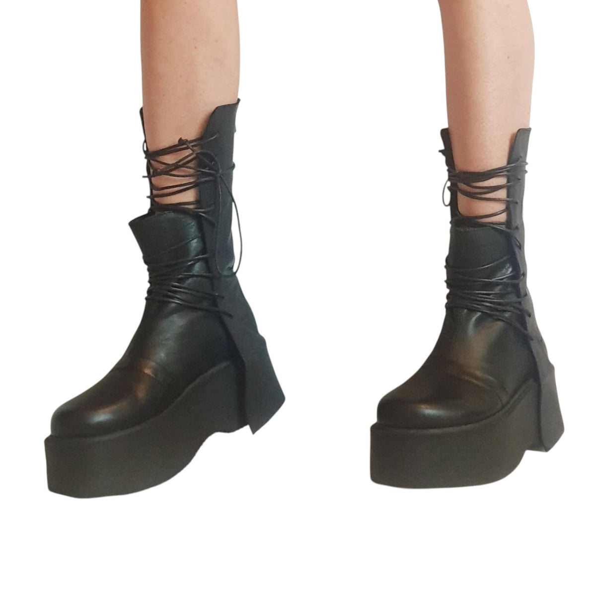 Black Leather Platform Gothic Boots, Lace Up Mid Calf Booties, Grunge Shoes