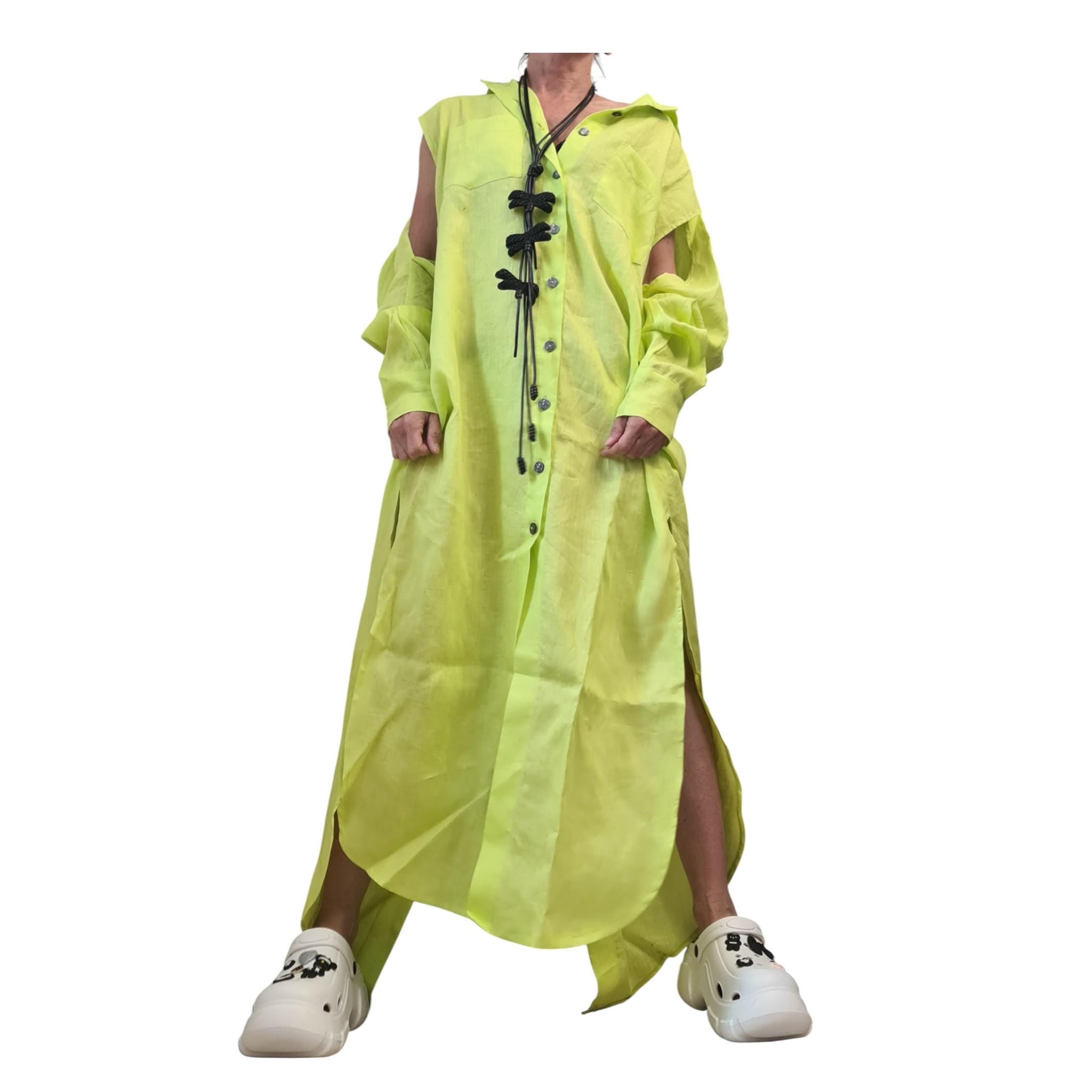 Baby Blue Linen Shirt, Long Asymmetric Kaftan, Open Back, Maxi Loose Summer Oversized Dress