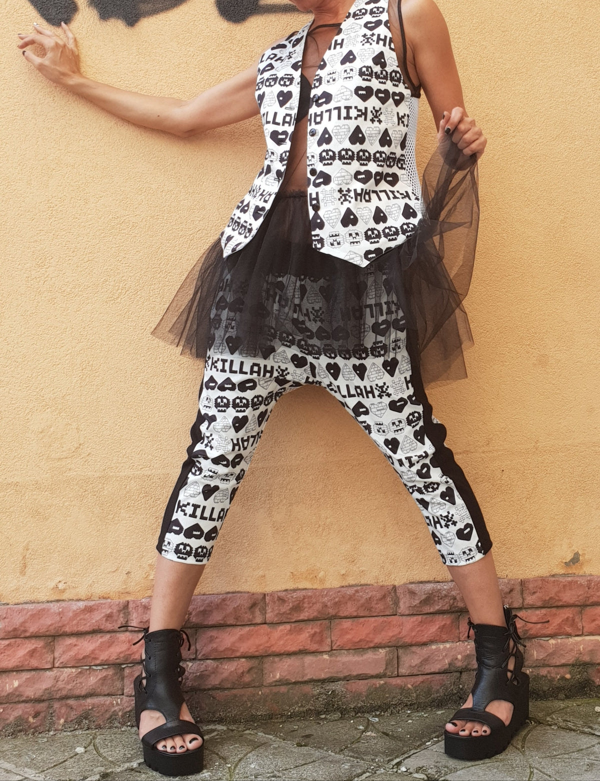 Black White Printed Harem Pants, Tulle Blouse, Sleeveless Vest, Three Piece Co-Ord Set