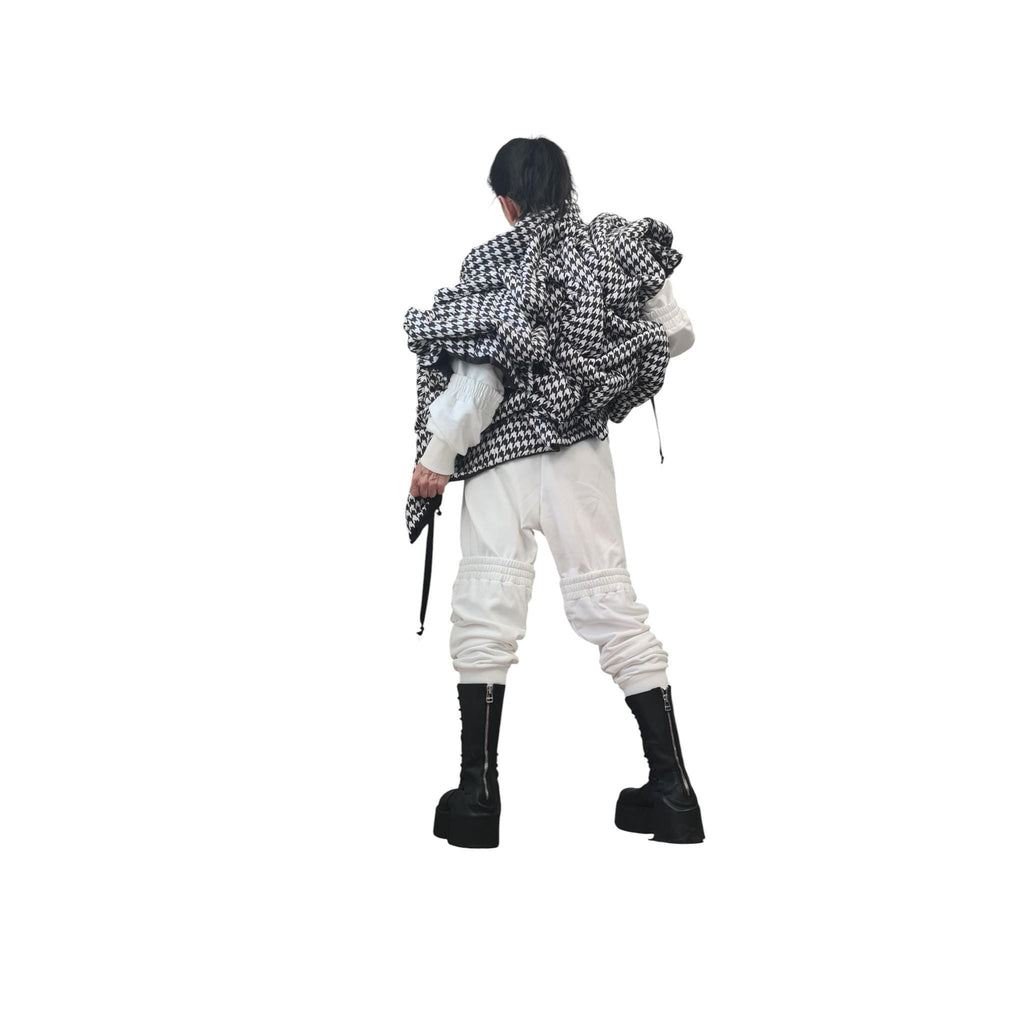 Black White Houndstooth Puffer Vest, Oversized Asymmetric Gilet, Quilted Sleeveless Winter Jacket