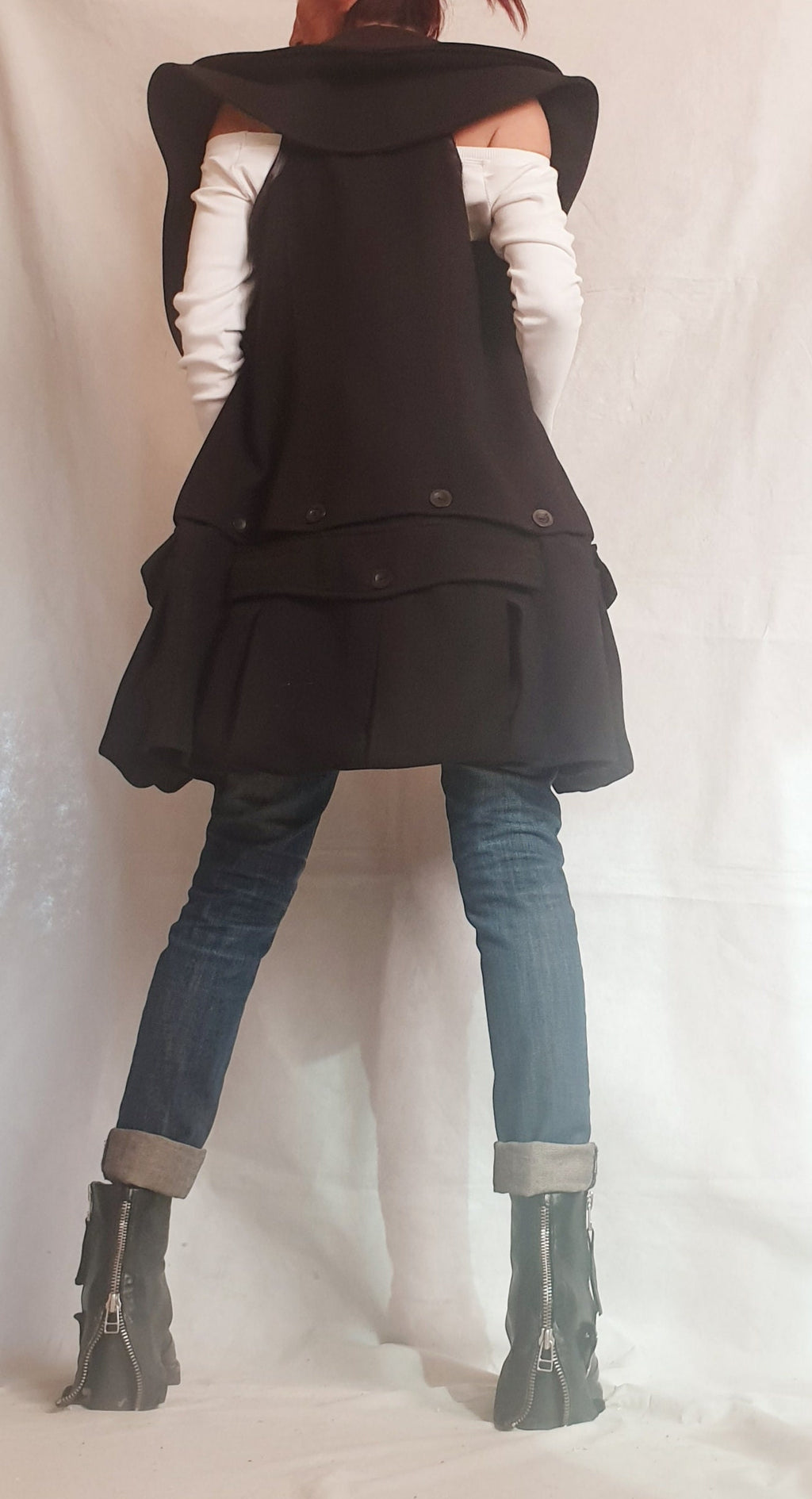 Black Convertible Wool Vest, Detachable Cargo Pocket Panel, Asymmetric Design, Plus Size