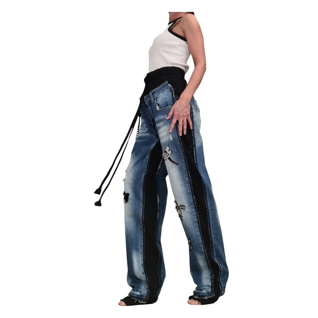 Deconstructed Denim Pants Women Wide Leg Streetwear Hip Hop Style Designer Trousers