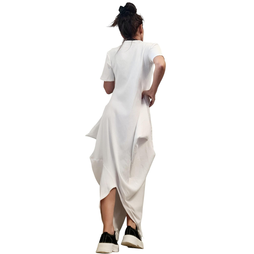 White Asymmetric Cotton Rib Maxi Dress, Avant Garde Loose Dress, Plus Size Clothing