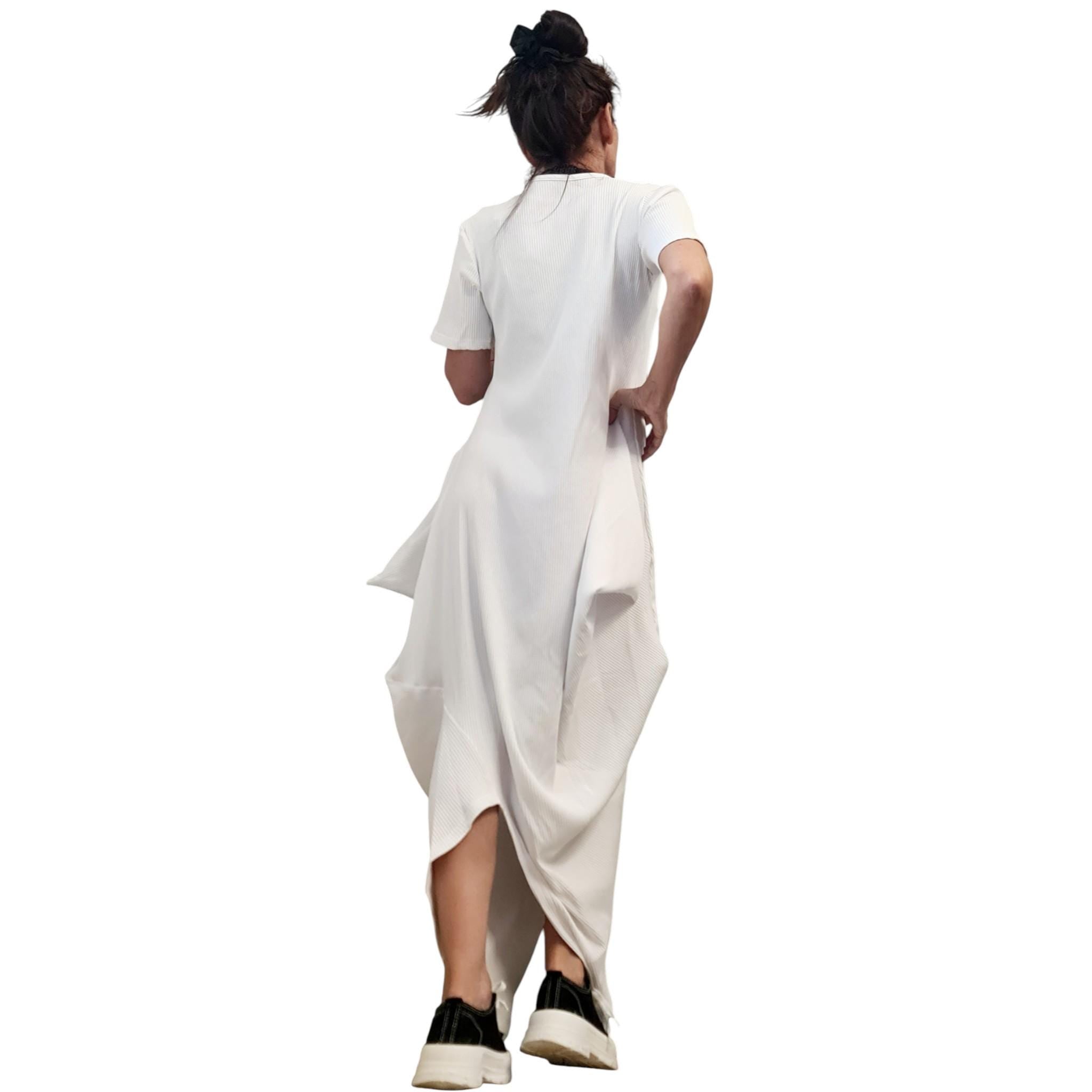 White Asymmetric Cotton Rib Maxi Dress, Avant Garde Loose Dress, Plus Size Clothing