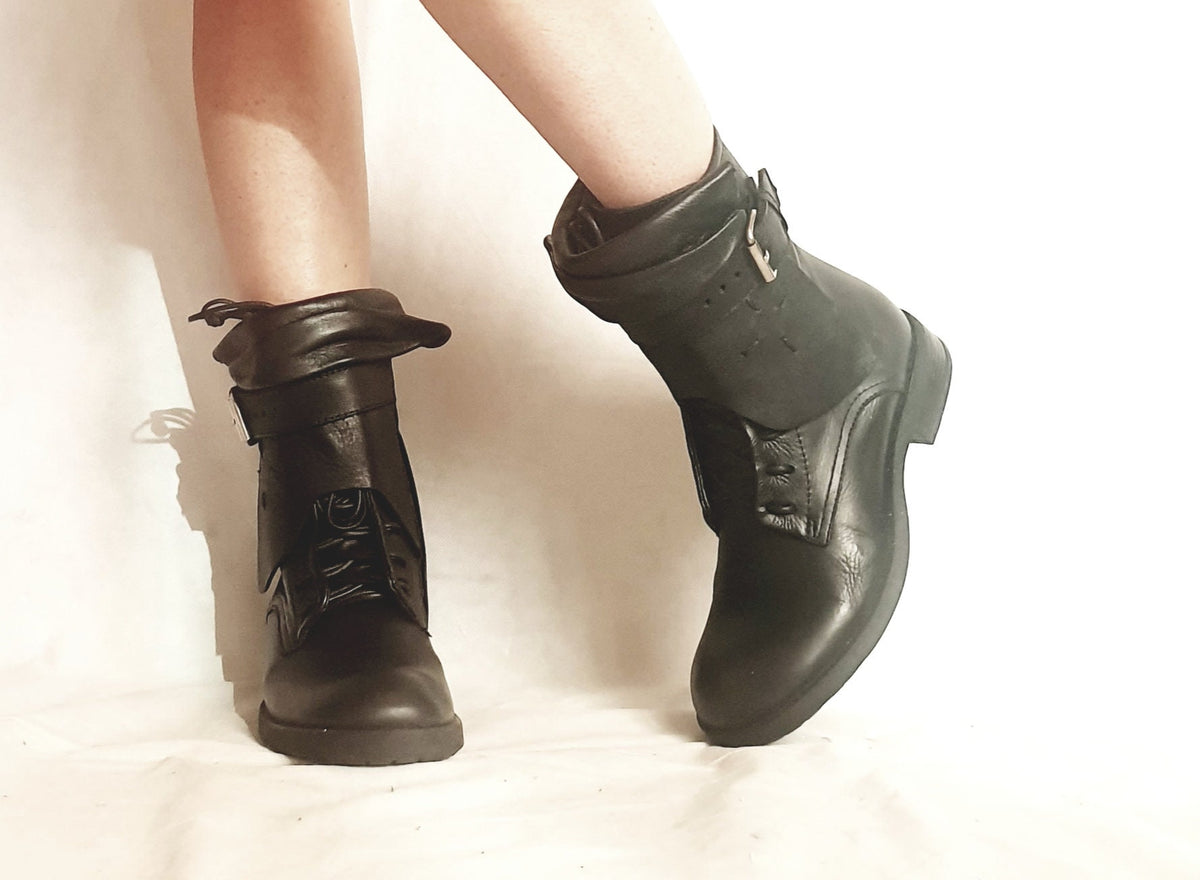 Black Leather Boots, Grunge Gothic Ankle Booties, Steampunk Women Footwear