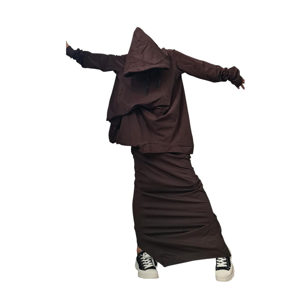 Brown Cotton Wrap Maxi Skirt, Oversized Asymmetrical Hooded Tunic, Two-Piece Co-Ord Set, Plus Size
