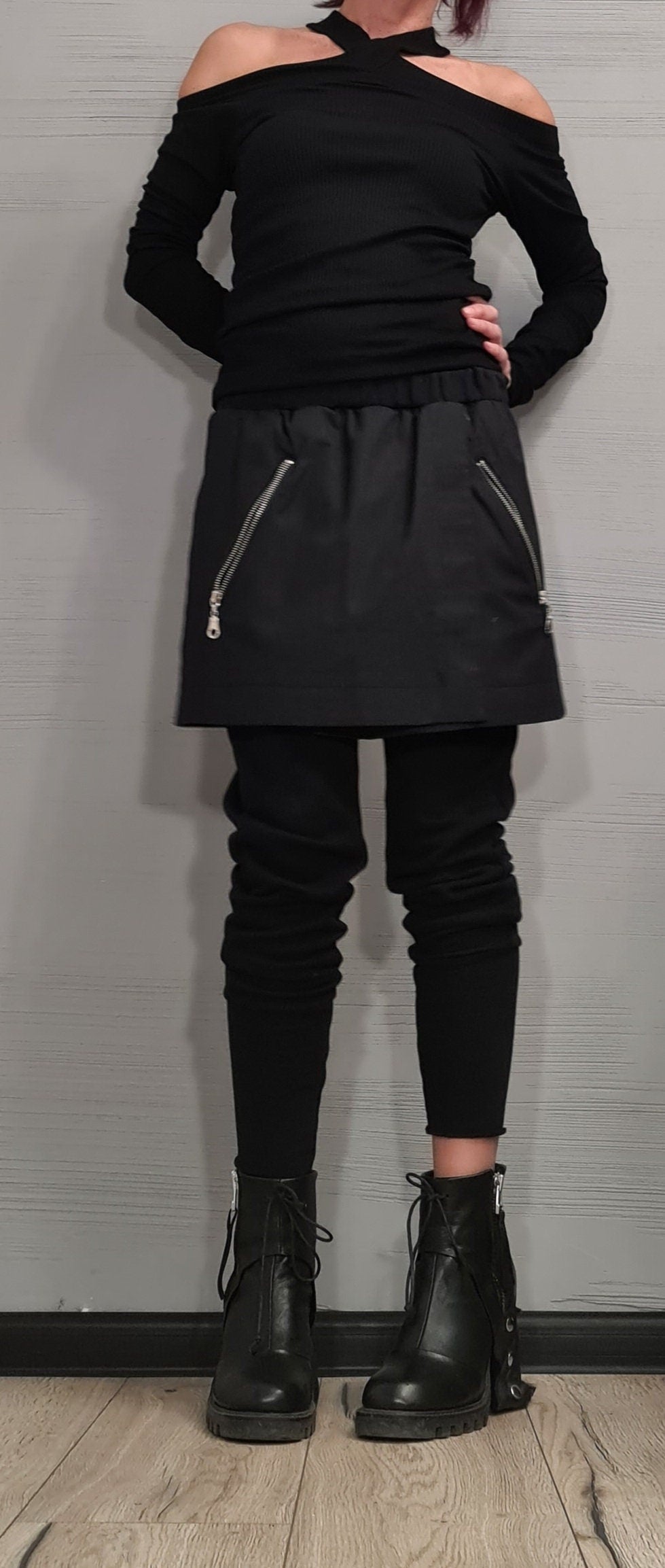 Black French Terry Pants, Attached Skirt Panel, Zip Pocket Detail