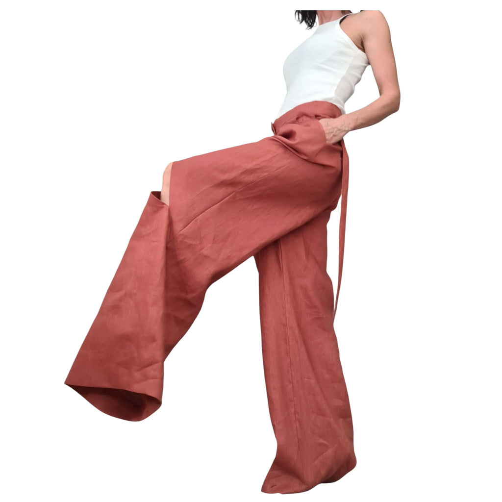 Brick Linen Wide Leg Pants for Women, Adjustable Waist, Asymmetric Slit Avant Garde Trousers