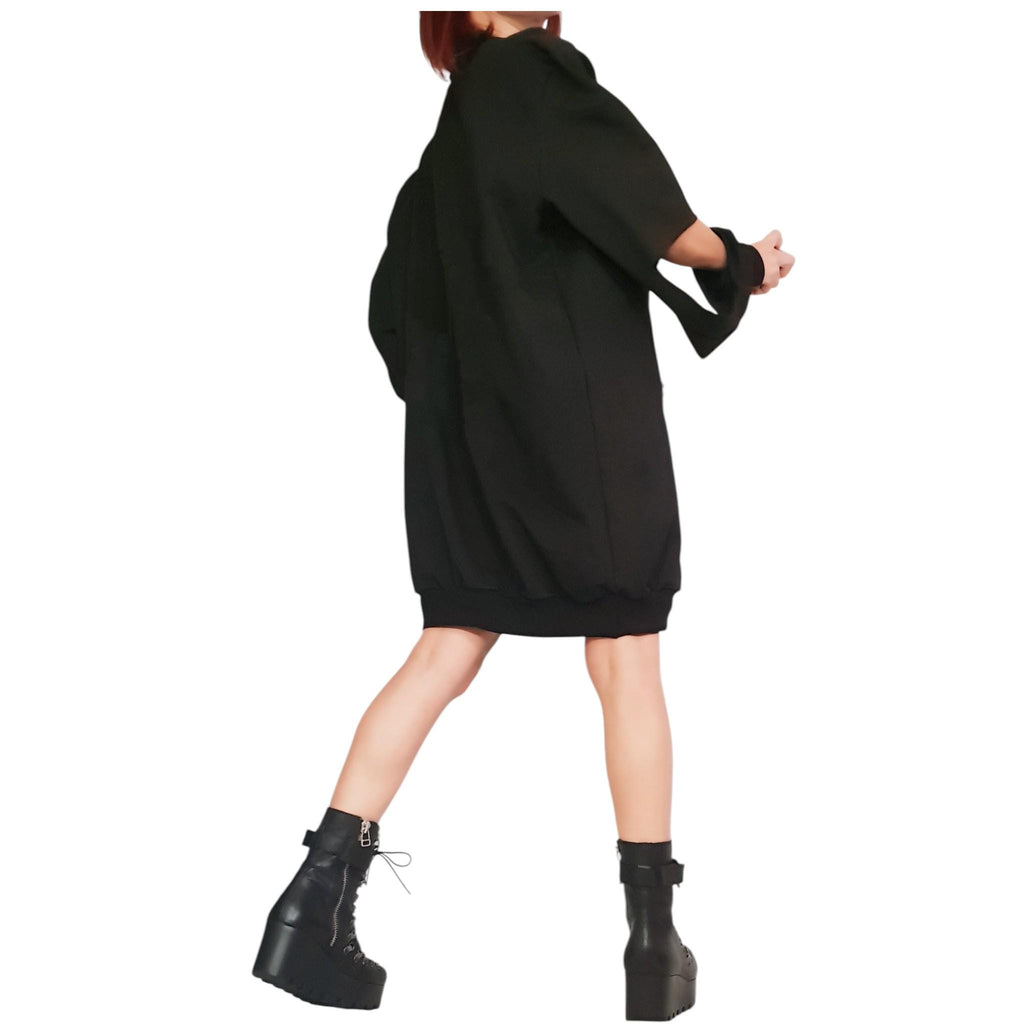 Extravagant Black Dress, One Shoulder Loose Tunic, Plus Size Clothing, Knee Length