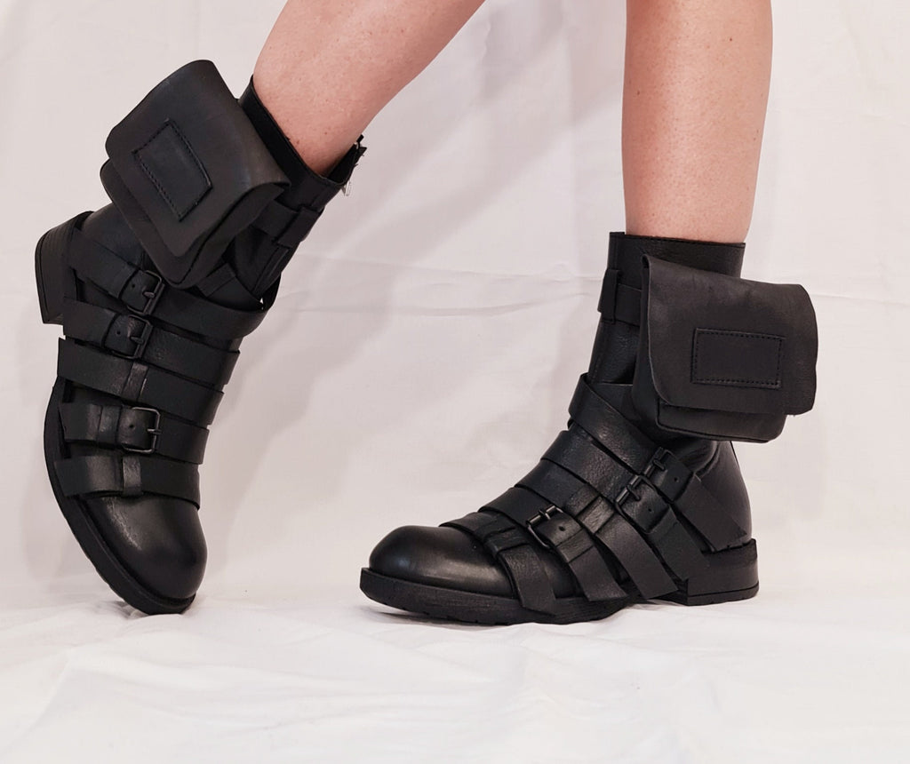 Black Leather Ankle Boots, Movable Pocket, Gothic Steampunk Grunge Shoes