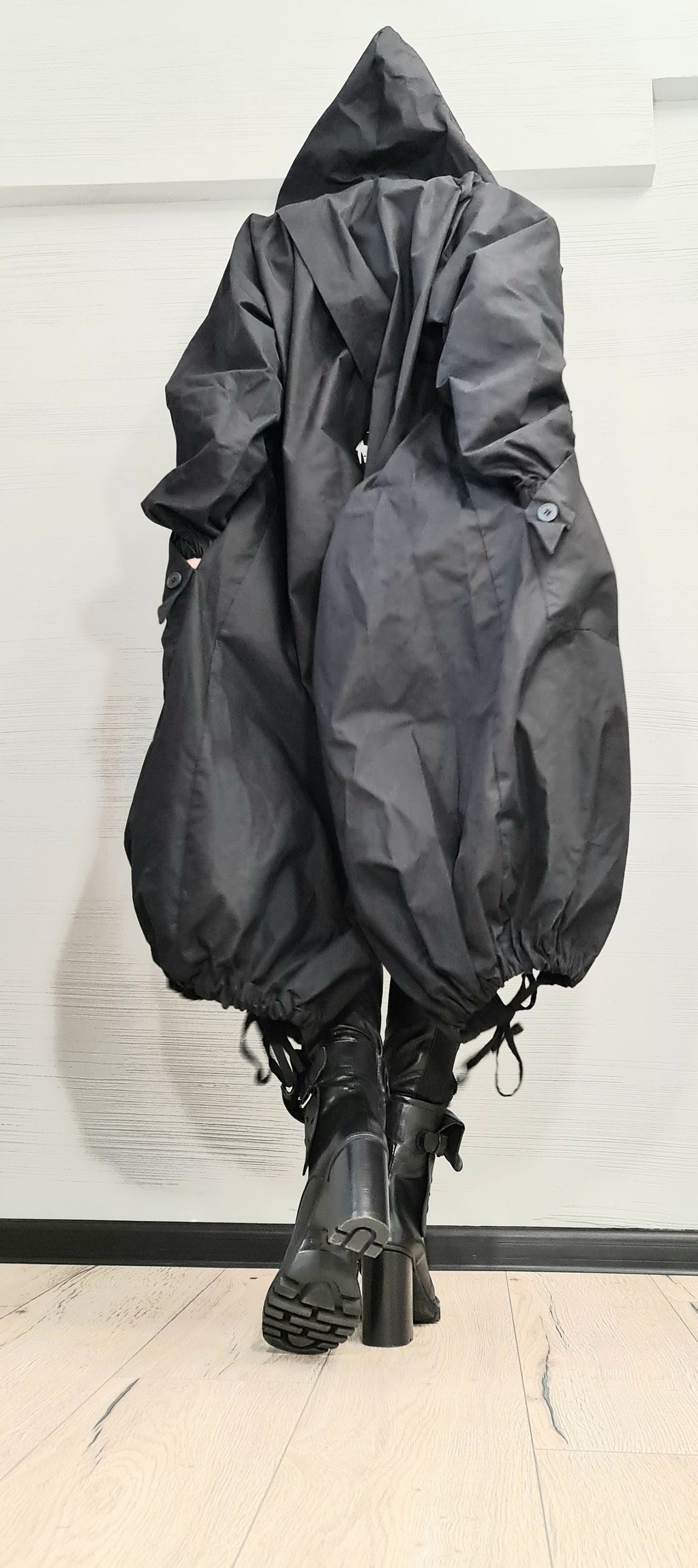 Black Asymmetrical Hooded Trench Coat, Oversized Jacket, Overlapping Open Back,  Drawstring Hem