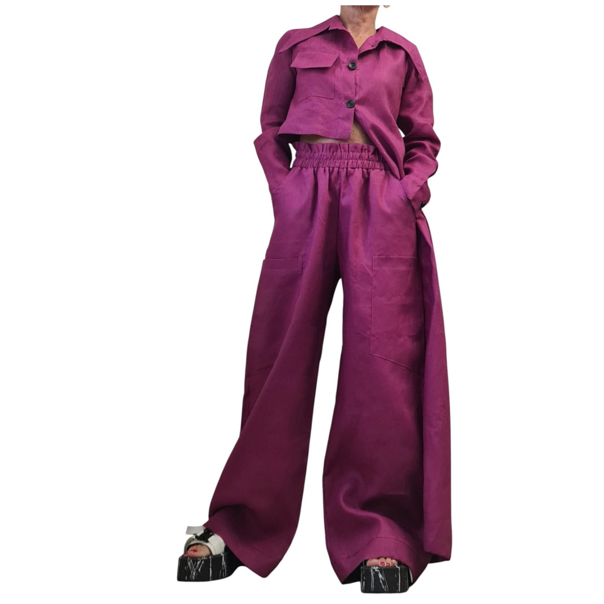 Magenta Linen Set, Asymmetrical Shirt, Trousers Wide Legs, Two Piece Boho Summer Clothing