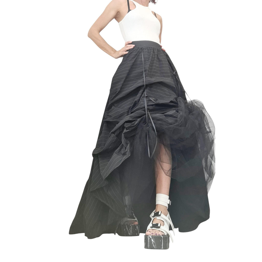Transformable Pinstripe Gown, Runway Statement Piece, Avant Garde Artwear for Women