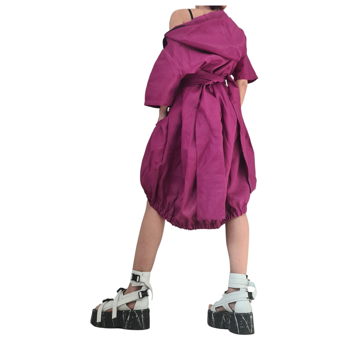 Plum Purple Linen Dress, Hooded Asymmetric Off Shoulder Dress, Oversized Short Sleeve
