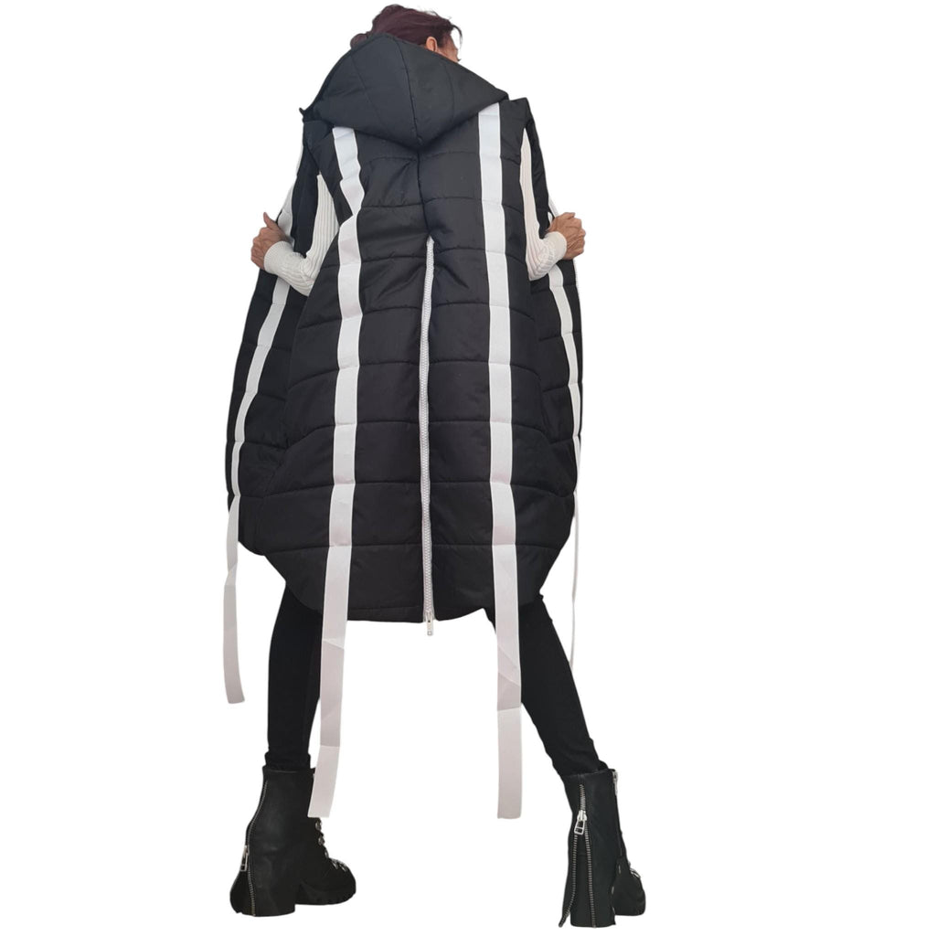 Black Oversized Hooded Puffer Vest, White Stripes and Back Zip, Plus Size Coat
