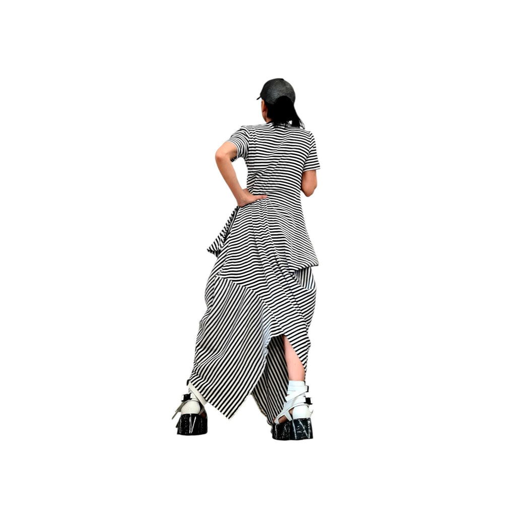 Striped Cotton Asymmetric Dress High Low Hem, Oversized Avant Garde Fashion